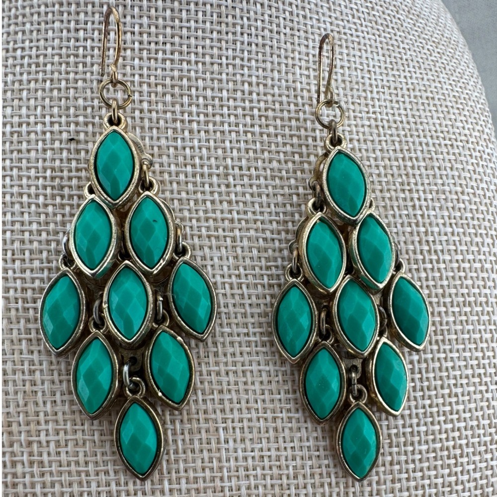 Chandelier Statement Earrings Gold Tone Teal Green Marquise Boho Drop Dangle